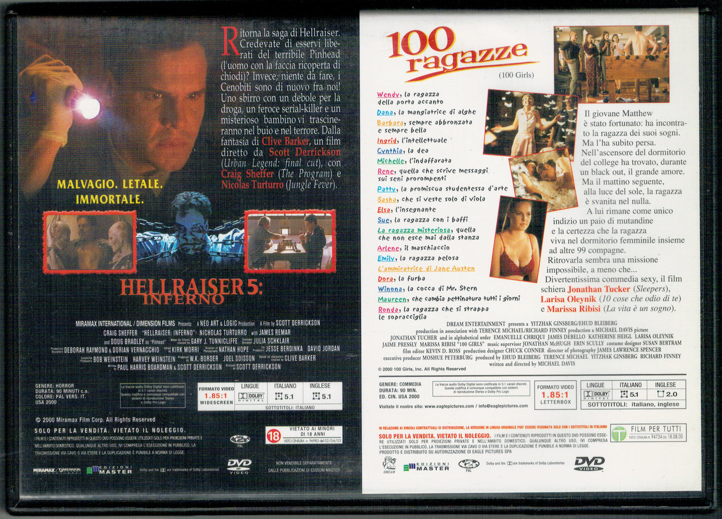 100 Ragazze + Hellraiser 5: Inferno (2 Film) (2000) DVD Editoriale